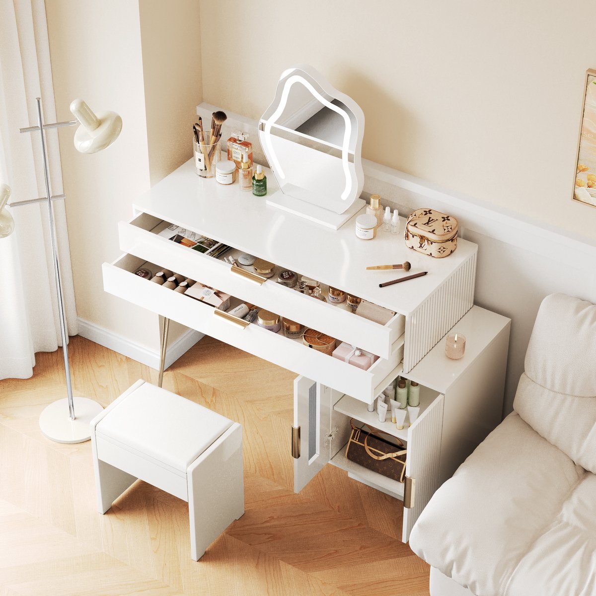 COVREO Kaptafel 100x40x78 cm - wit, LED-spiegel, 2 lades en uitschuifbare zijkast