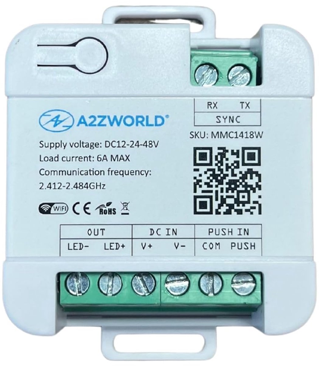 SnelShoppen - LED Dimmer WiFi 2.4G met Knop, 12V 24V 48V, 6A, Compatibel met Smart Life & Tuya, App & Stemcontrole, Compact & IP20, Voor LED Strips &