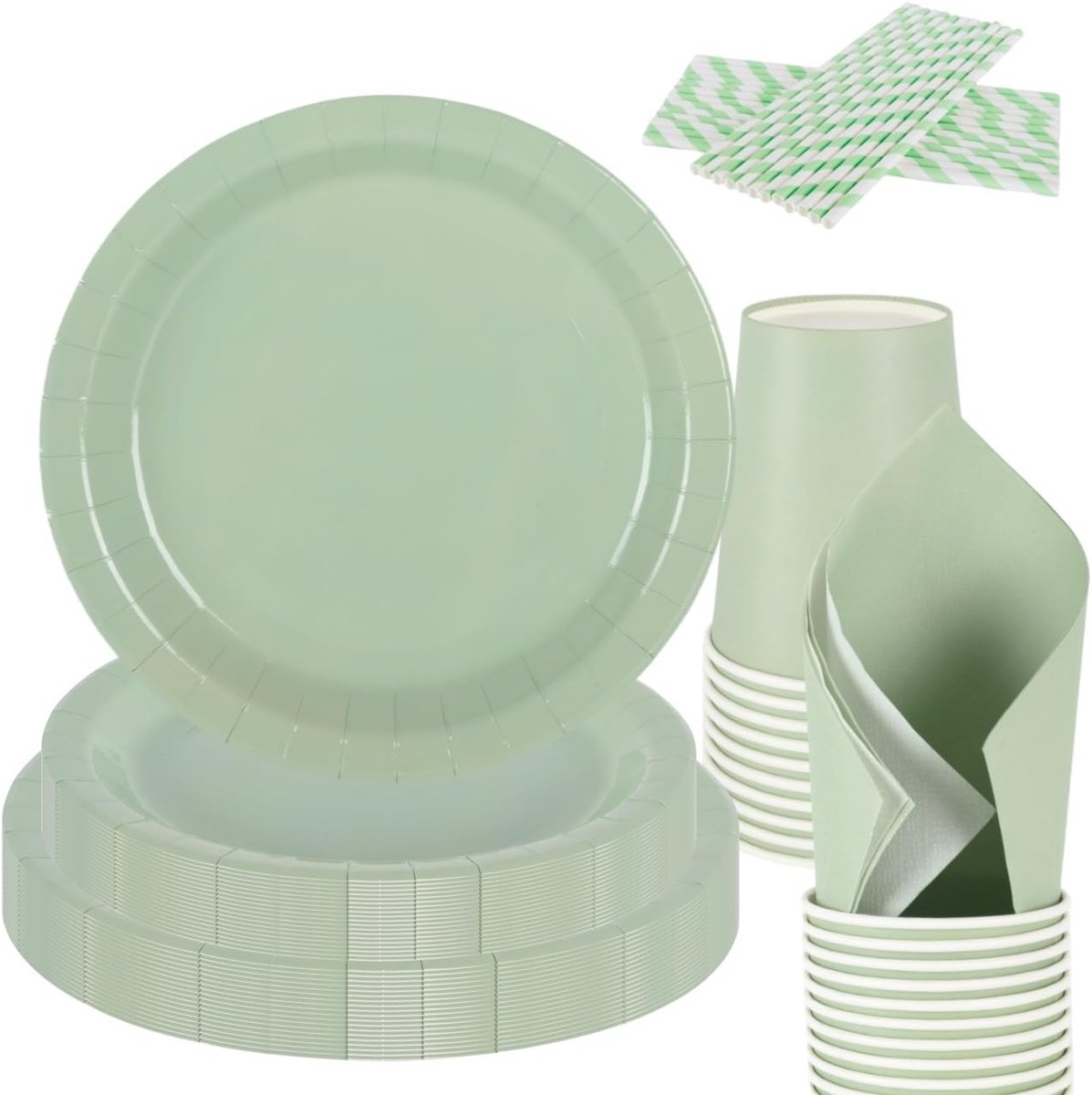 SnelShoppen - 125 PCS Sage Green Papieren Borden, Bekers, Servetten en Rietjes Set - 9" en 7" Party Tableware voor Feest, Verjaardag en Tuin - Hoogwaa