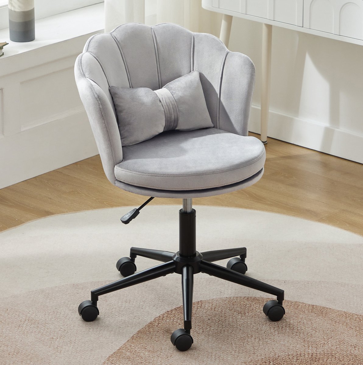 COVREO Bureaustoel 55 x 62 x 73-83 cm – grijs velvet, draaibaar, hoogteverstelbaar met lendenkussen