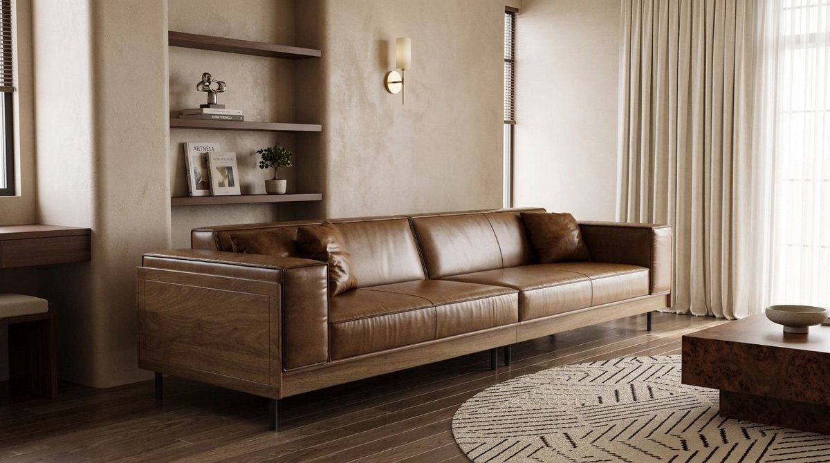 3-Zits Bank van PU Leer - 284x93x80 cm - Bruin - Novihome