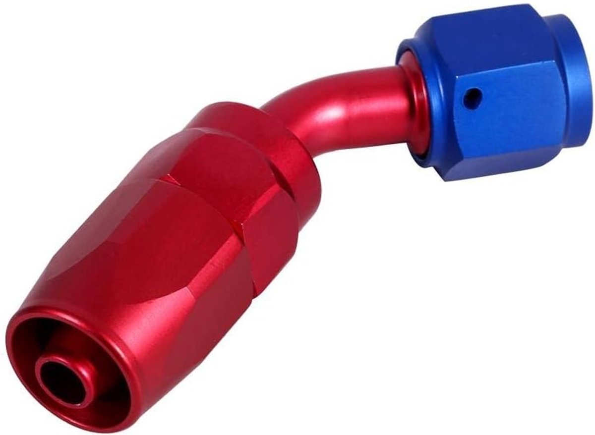 Rotabele AN6 koppeling voor brandstof- en olie slangen - Blauwe en rode adapter voor racetoepassingen - 45° hoek