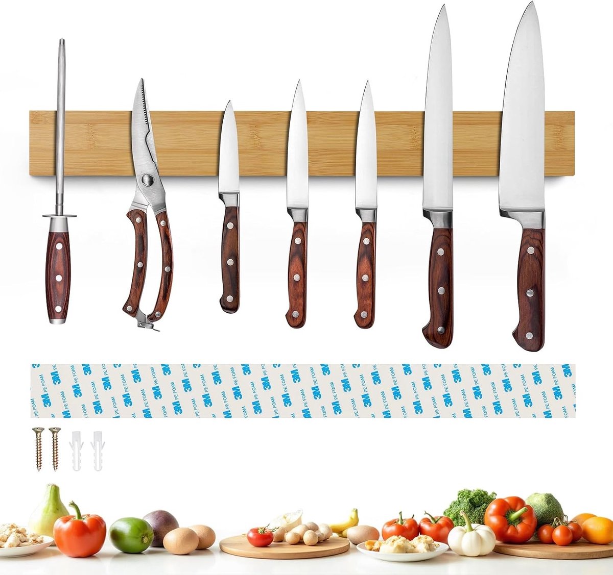 Bamboe Magnetische Messenset Houder van 50 cm, Zelfklevende Messenstrip voor Keuken en Gereedschap