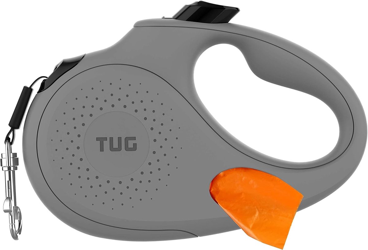 SnelShoppen - TUG Oval 360° Tangle-Free Retractable Hondenriem met Geïntegreerde Poepzakjes Dispenser (Groot, Grijs) - 5m Tape, Geschikt voor Honden t