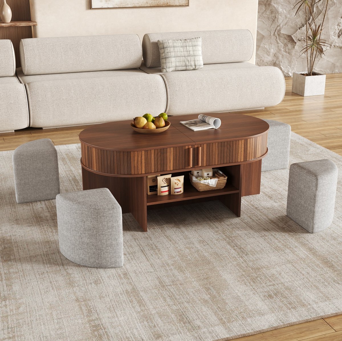 MIVRAY Salontafel Met Opbergruimte En Schuifdeuren Voor Woonkamer Met Stoffen Hockers Van MDF En Spaanplaat 120x60x51,5 Cm Walnoot