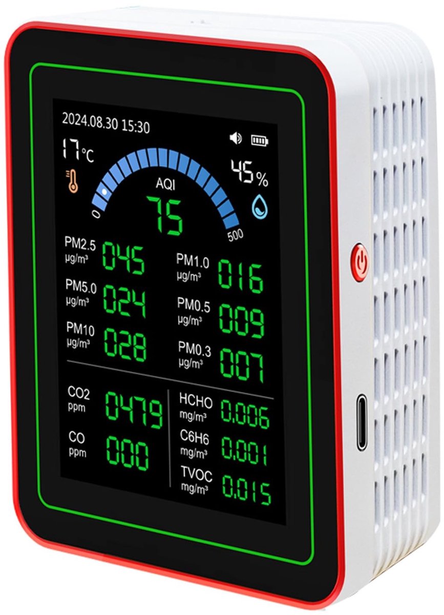 Omgoods- Luchtkwaliteitsmeter met 10 Testgegevens - Luchtkwaliteitsmonitor - Real-time Updates - CO2/HCHO/TVOC/PM-deeltjes - Gegevensopslag - Kleurindicatie Luchtkwaliteit
