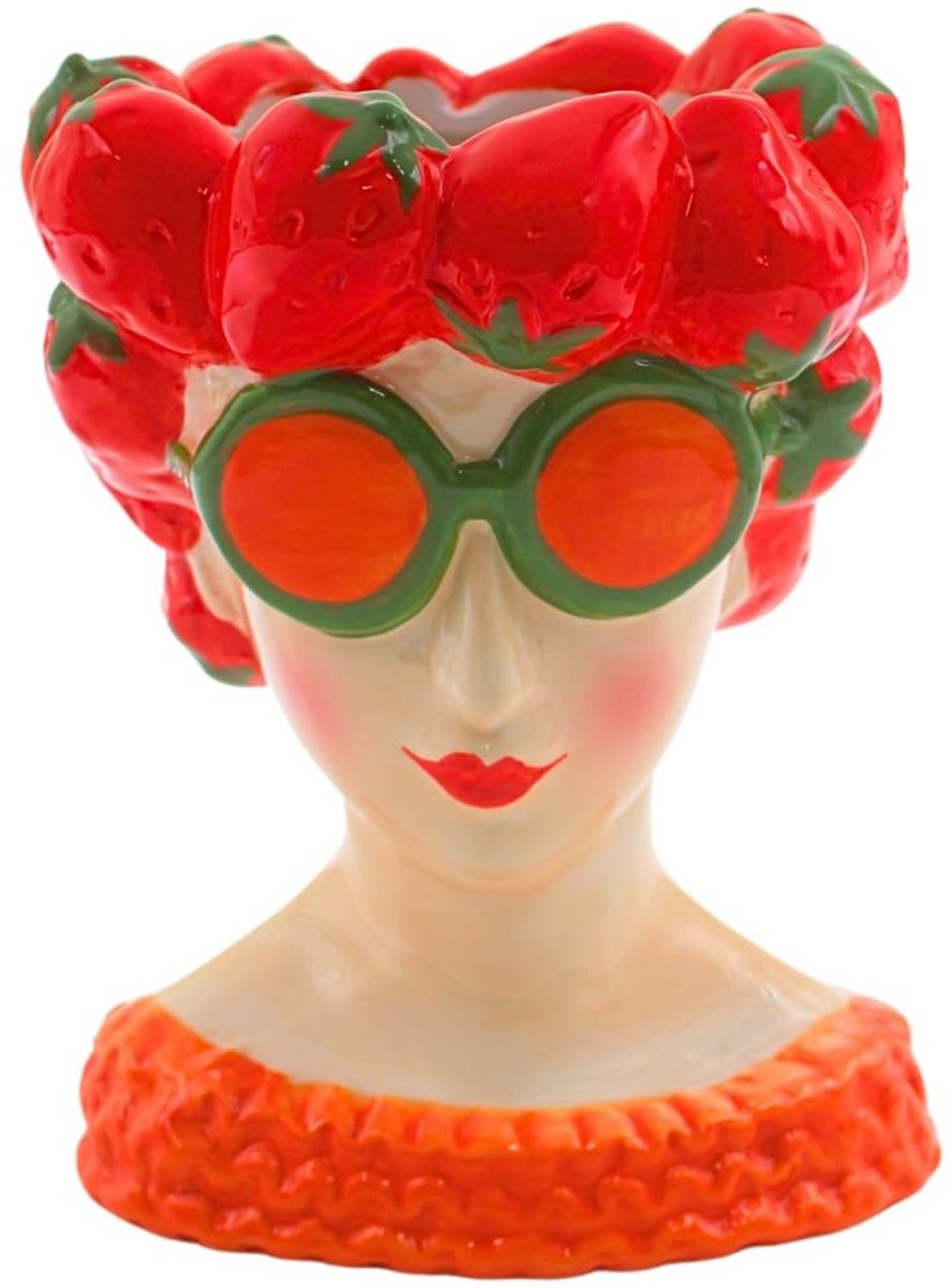 Omgoods - XL Decoratieve Vaas met Vrouw en Aardbeien Hoed - Keramische Bloemenvase 12 x 13 x 18 cm