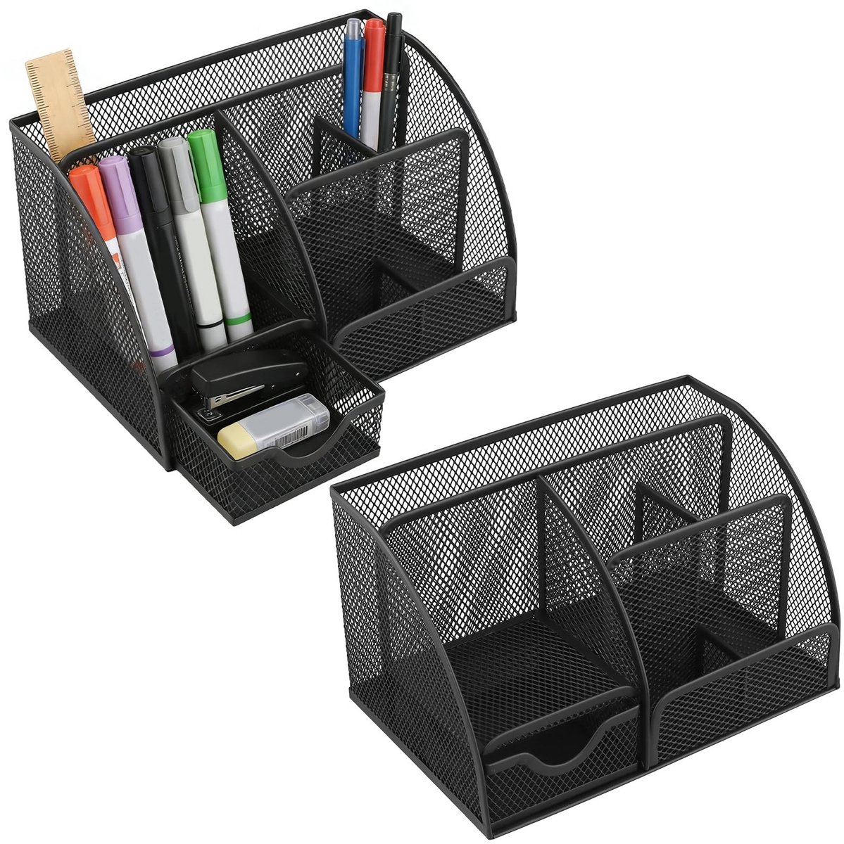 Omgoods - Set van 2 Bureau-Organizers - Zwarte Metalen Pennenhouder met Lade