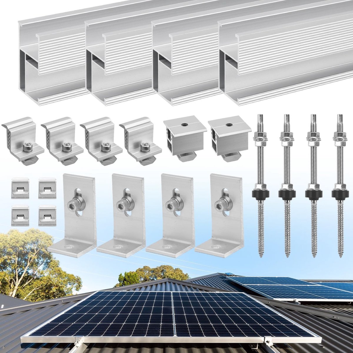 Omgoods- Zonnepaneelmontageset voor 2 modules - Geschikt voor golfplaten dak - 200 mm Aluminium Beugel - Verstelbaar - Robuust Staal - Duurzaam en Roestvrij - Zonnepaneelhouder
