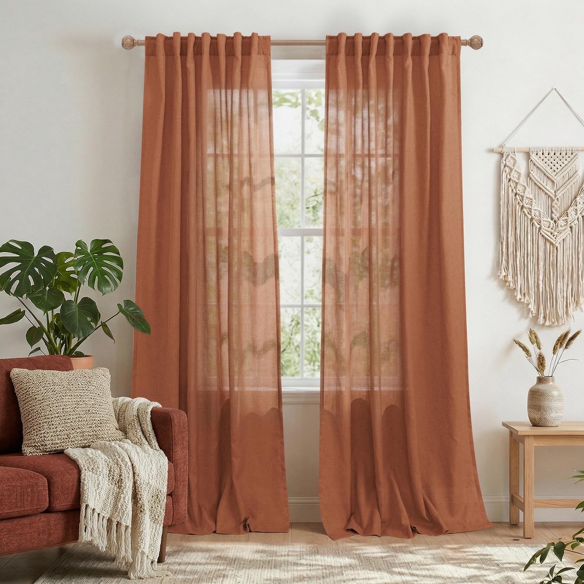 Omgoods - Terracotta Boho Gordijnen voor Woonkamer - Vintage Aardse Semi-Transparante Flax Linnen