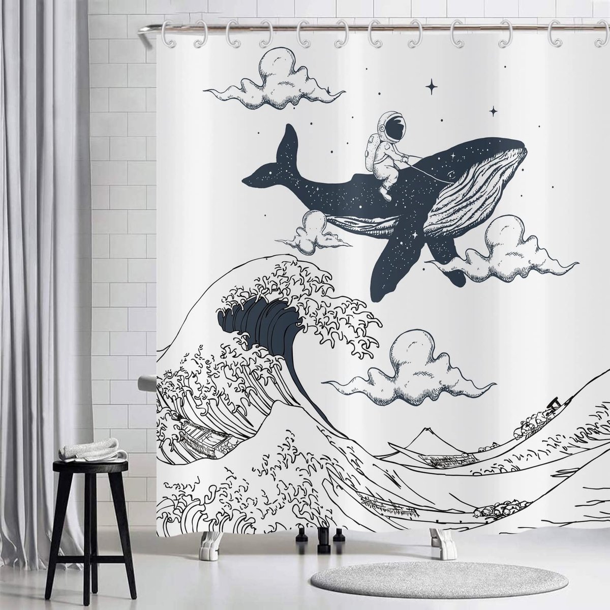 Omgoods - Grappig Douchegordijn met Astronauten en Walvissen 120x180cm