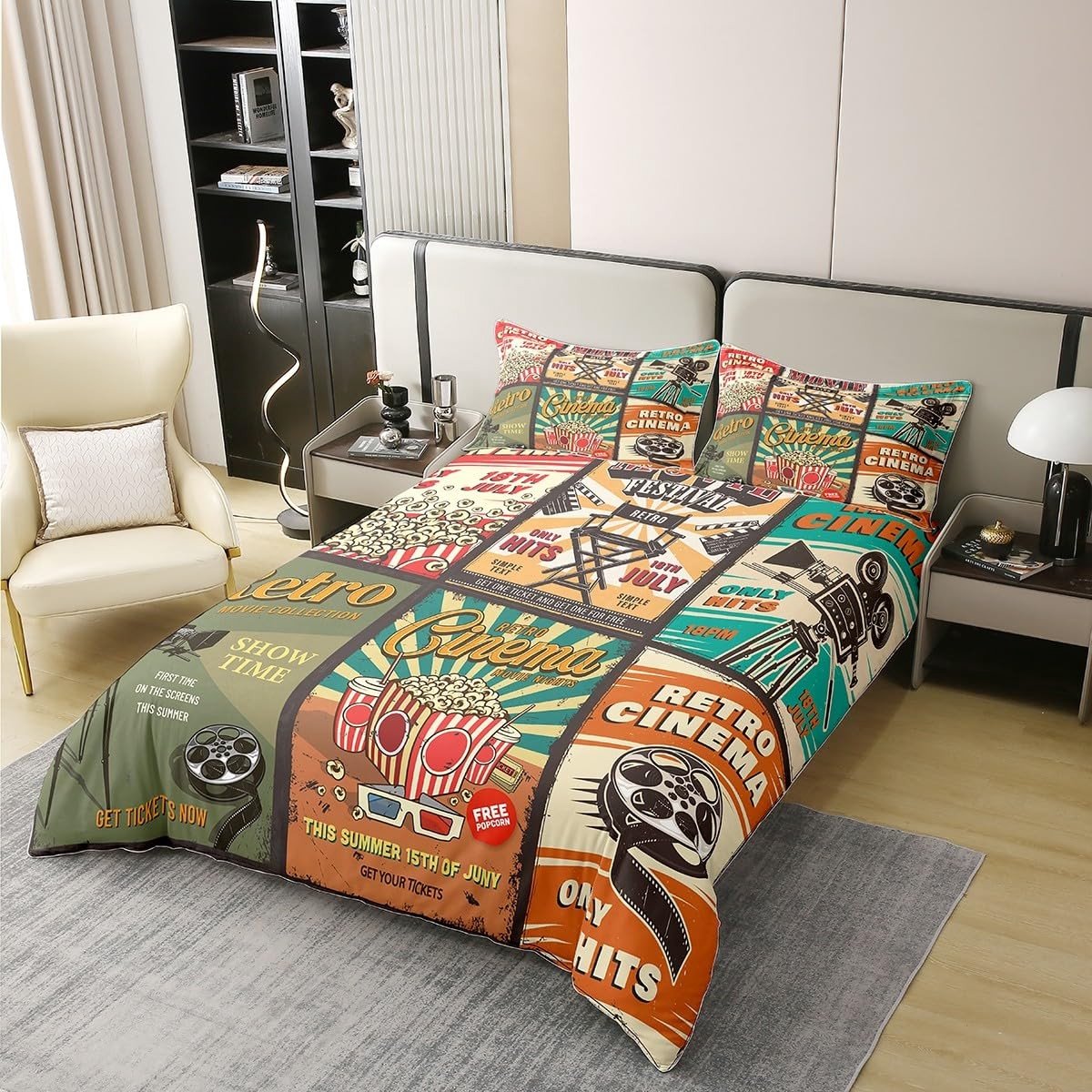 Omgoods - 3-delig Beddegoed Set van 100% Katoen met Vintage Cinema Ontwerp