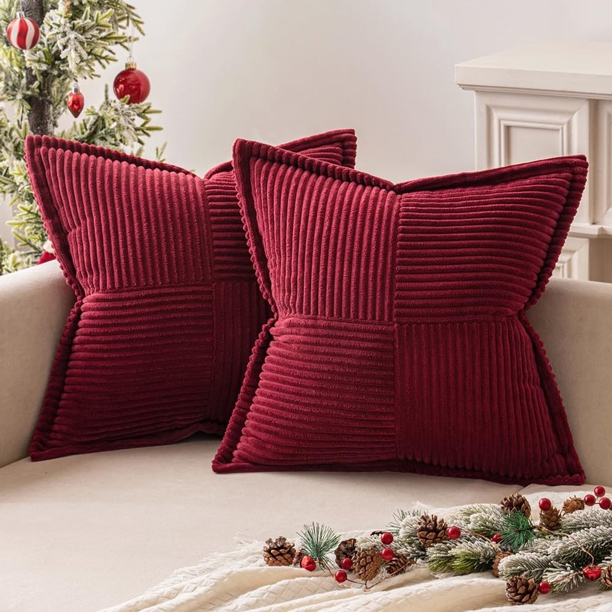 Omgoods - Set van 2 Kerst Corduroy Kussenhoezen 40x40cm - Modern Patchwork voor Winterdecoratie