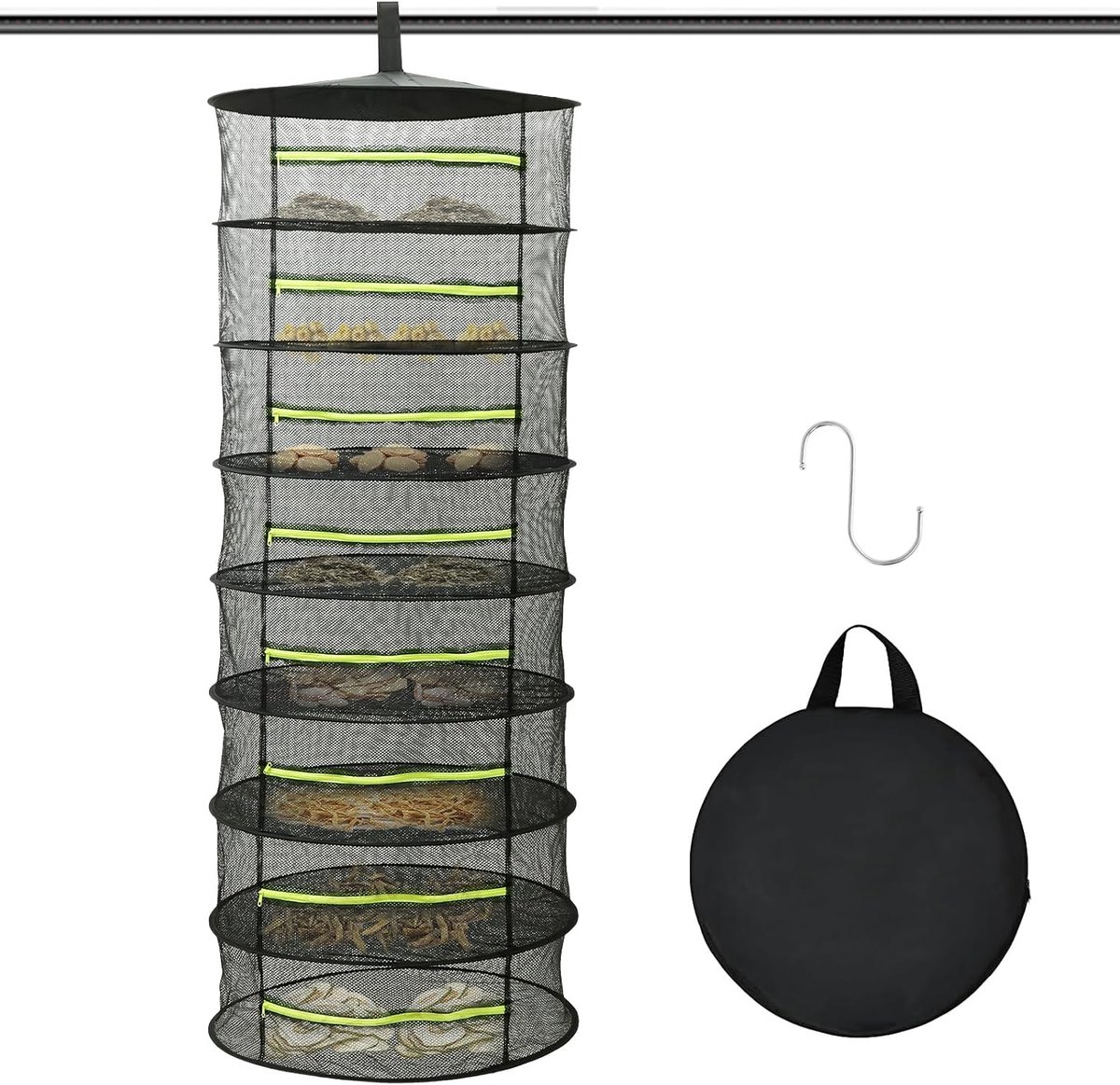 8-laags droognet voor kruiden, droognet Grow met standaard, kruidendroger hangend, kruidendroognet met S-haak, inklapbaar hangnet voor gedroogde bloemen, vis, vlees, breedte 60 cm