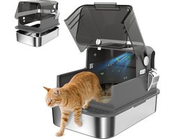 Bac à litière HOMCOM - Acier inoxydable - avec couvercle XXL 72L – pour grands chats et plusieurs chats, doubles portes, pédale, pelle, anti-fuite