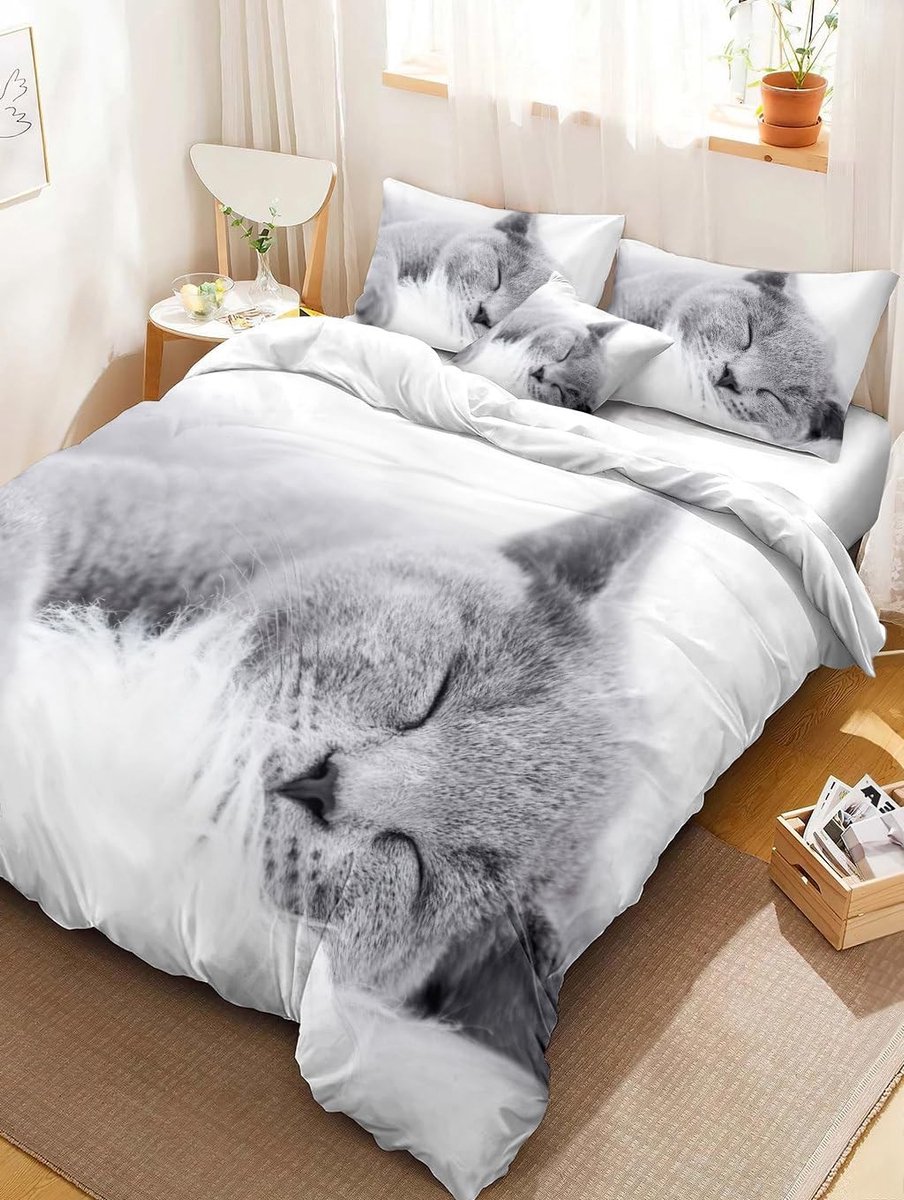 Omgoods - 3D Kat Motief Duvet Cover Set, 200 x 200 cm, Microfiber