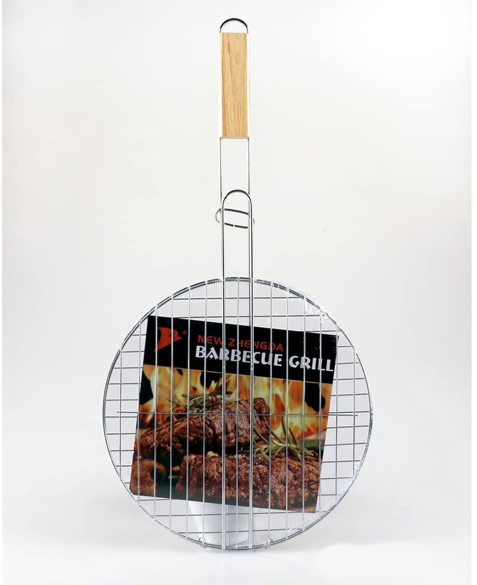 Omgoods - Ronde Barbecue Grill Basket met Houten Handvat - 30cm