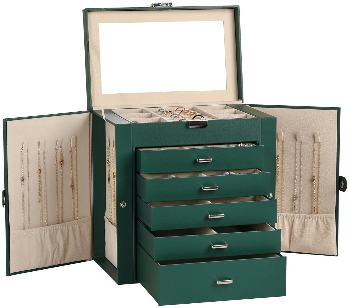 Omgoods - Grote 6-laags Sieradenbox van PU Leer - Met Spiegel en 5 Laden