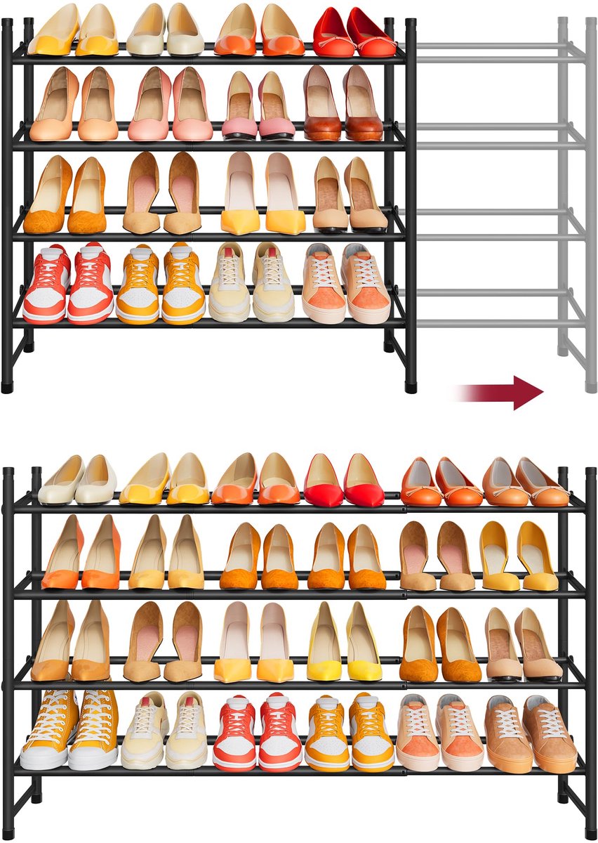 Uitschuifbaar Schoenenrek 4 Laags - Verstelbaar 74-104 cm en Stapelbaar Schoenenrek - Metalen Schoen Organizer voor Hal, Kast, Entree en Garage - Ruimtebesparende Schoenopberger - Zwart