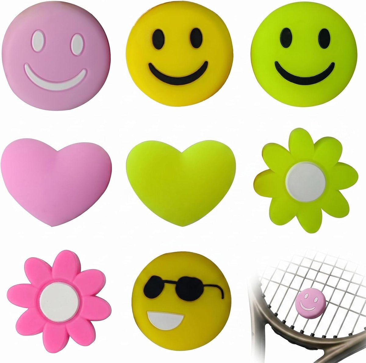 8 stuks dempers tennisrackets set van siliconen - trillingsdempers tennis voor optimale schokdemping - kleurrijke tennisdempers met hart en bloemdesign voor kinderen en volwassenen, tennisaccessoires