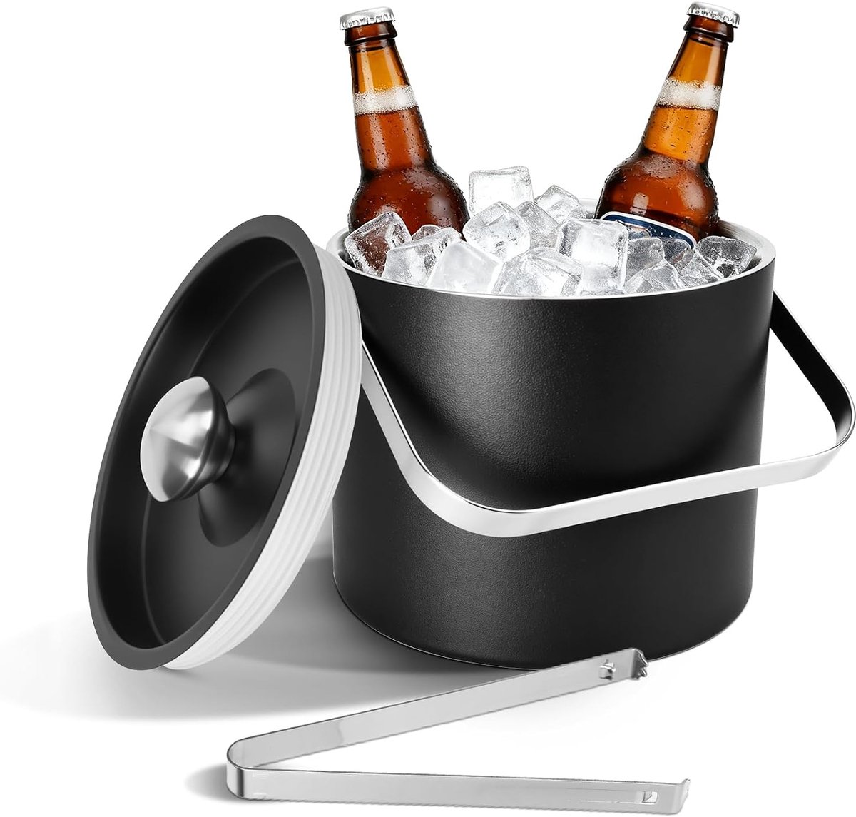 3 liter, moderne geïsoleerde ijsemmer, ijsblokjeshouder met siliconen deksel, tang + zeef, dubbelwandige roestvrijstalen ijsemmer, ijshouder voor feestjes, bier, champagne, wijn