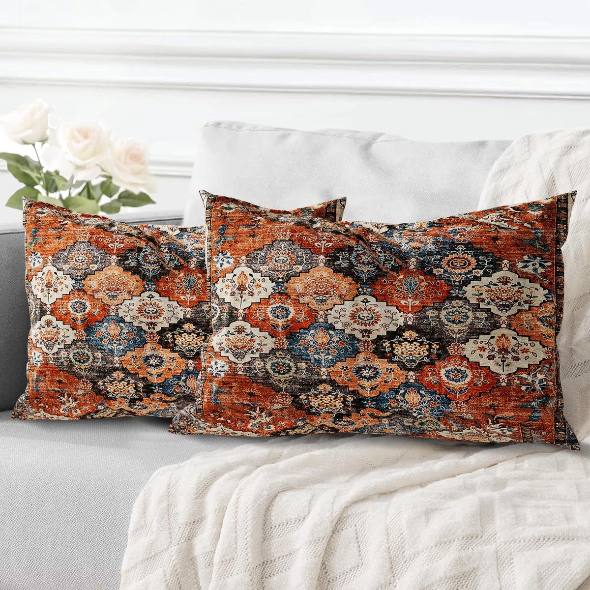 Omgoods - Set van 2 Boho Ethnic Vintage Kussenhoezen 40x60cm - Decoratieve Kussens met Oranje Bloemen