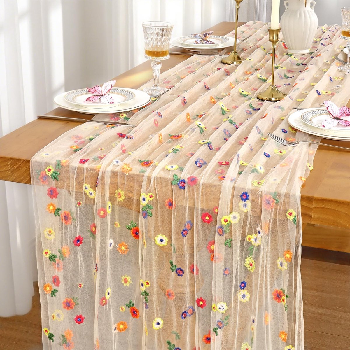 Omgoods - Champagne Bloemige Tafelrunner - 75x300 cm Bohemian