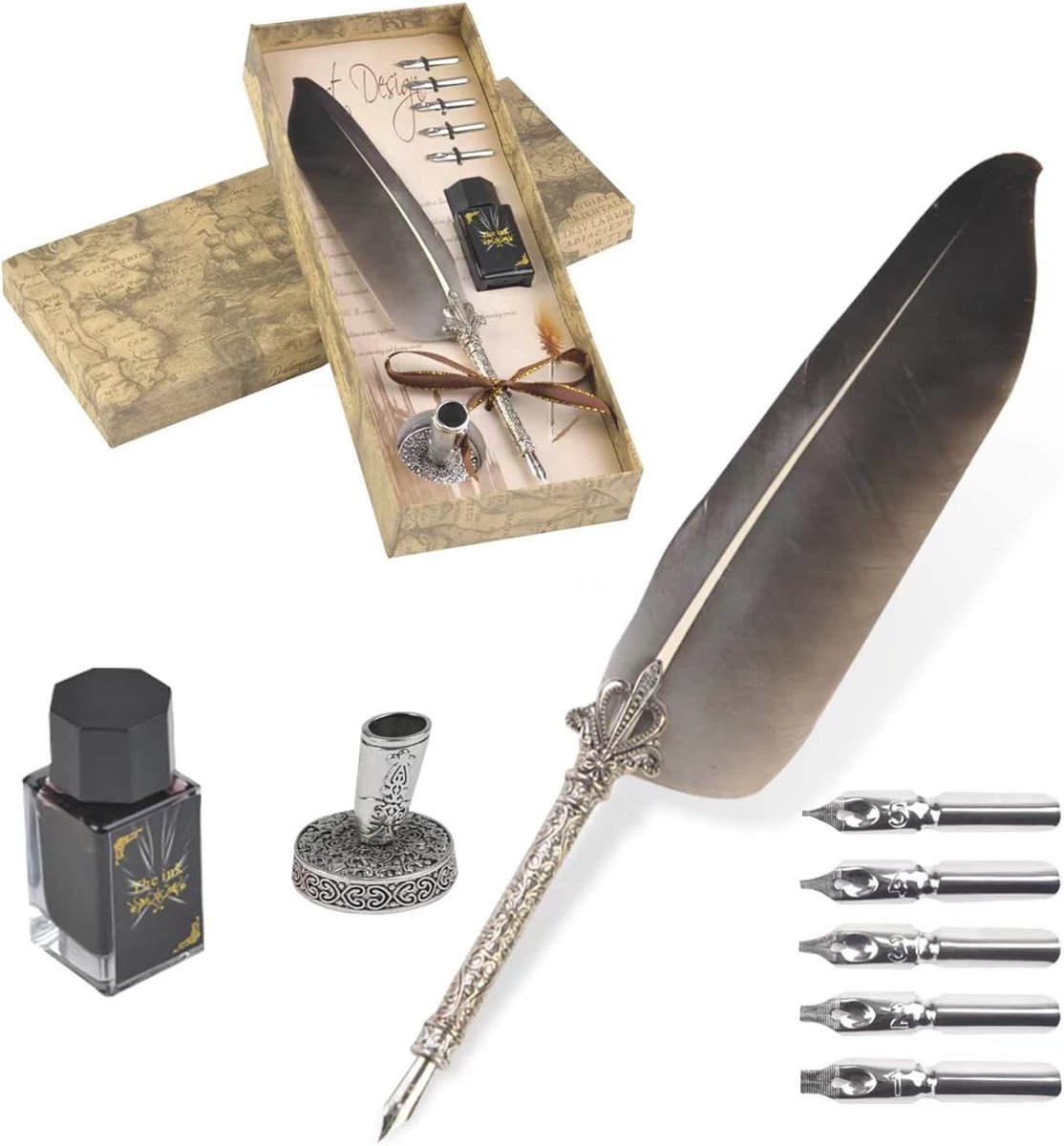 Omgoods - Antieke Veerpen Inkt Set - Cadeau met Gansveer voor Schrijven