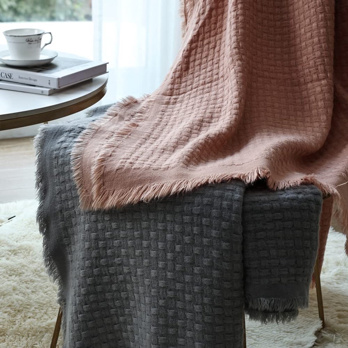 Omgoods - Waffle Gehaakte Deken voor Sofa en Bed - 50 x 60 inch, Lichtgrijs