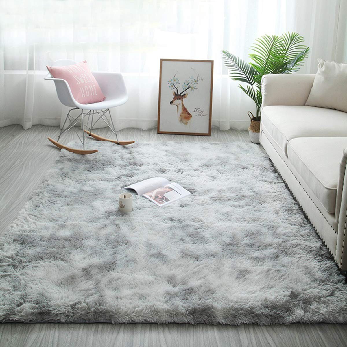 Omgoods - Fluffy Shaggy Vloerkleed - Zacht en Antislip, Grijs/Wit 160 x 200 cm