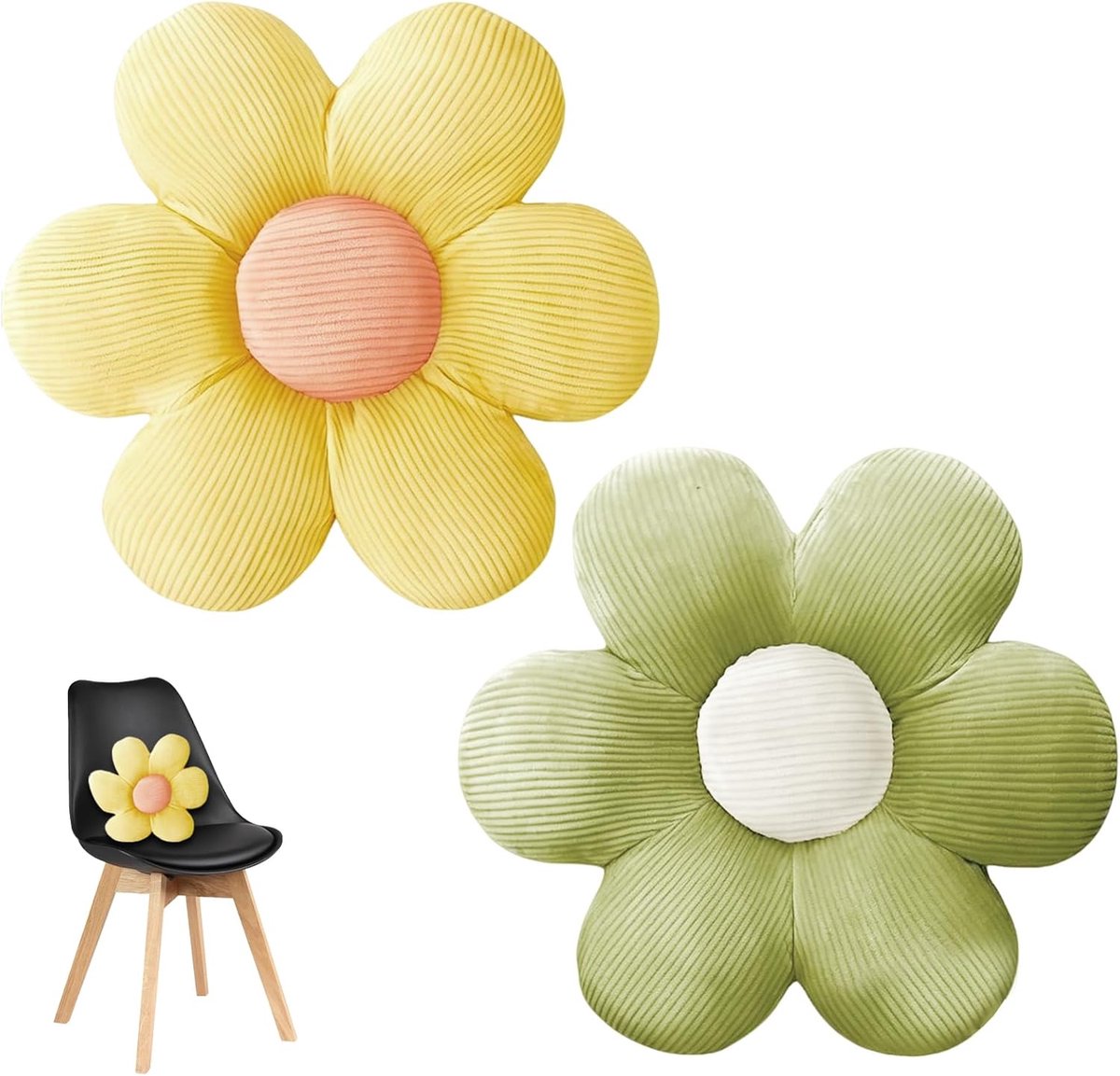 Kussens, 40 x 40 cm, madeliefjes, bloemvorm, vloermat, zitkussens, bank, voor thuis, bank en auto (groen en geel)