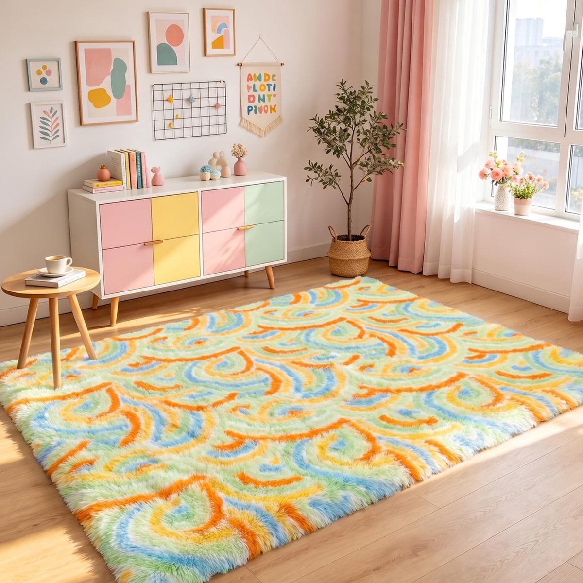 Omgoods - Fluffy Regenboog Vloerkleed - Wasbaar voor Kinderen 120x160 cm