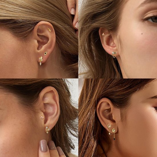 9 Stks Stud Oorbellen Voor Vrouwen 16G Kraakbeen Oorbellen Hart Ster CZ Dangle Oorbellen Vlinder Rvs Platte Terug Oorbellen Snake Boze Oog Tragus Helix Conch Piercing Sieraden — afbeelding 2