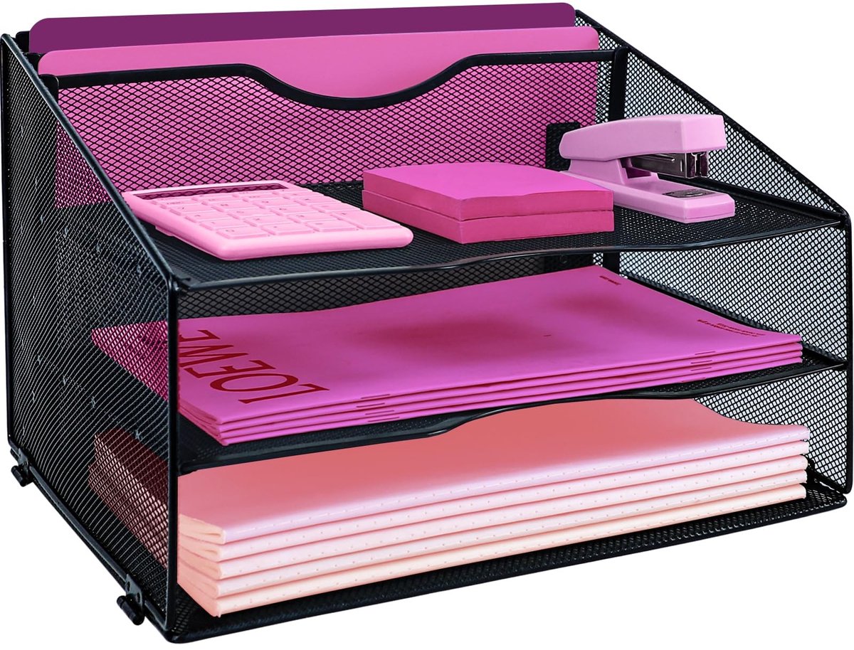 Omgoods - Desk File Organizer - Met 3 Paper Trays en 2 Verticale Secties - Zwart