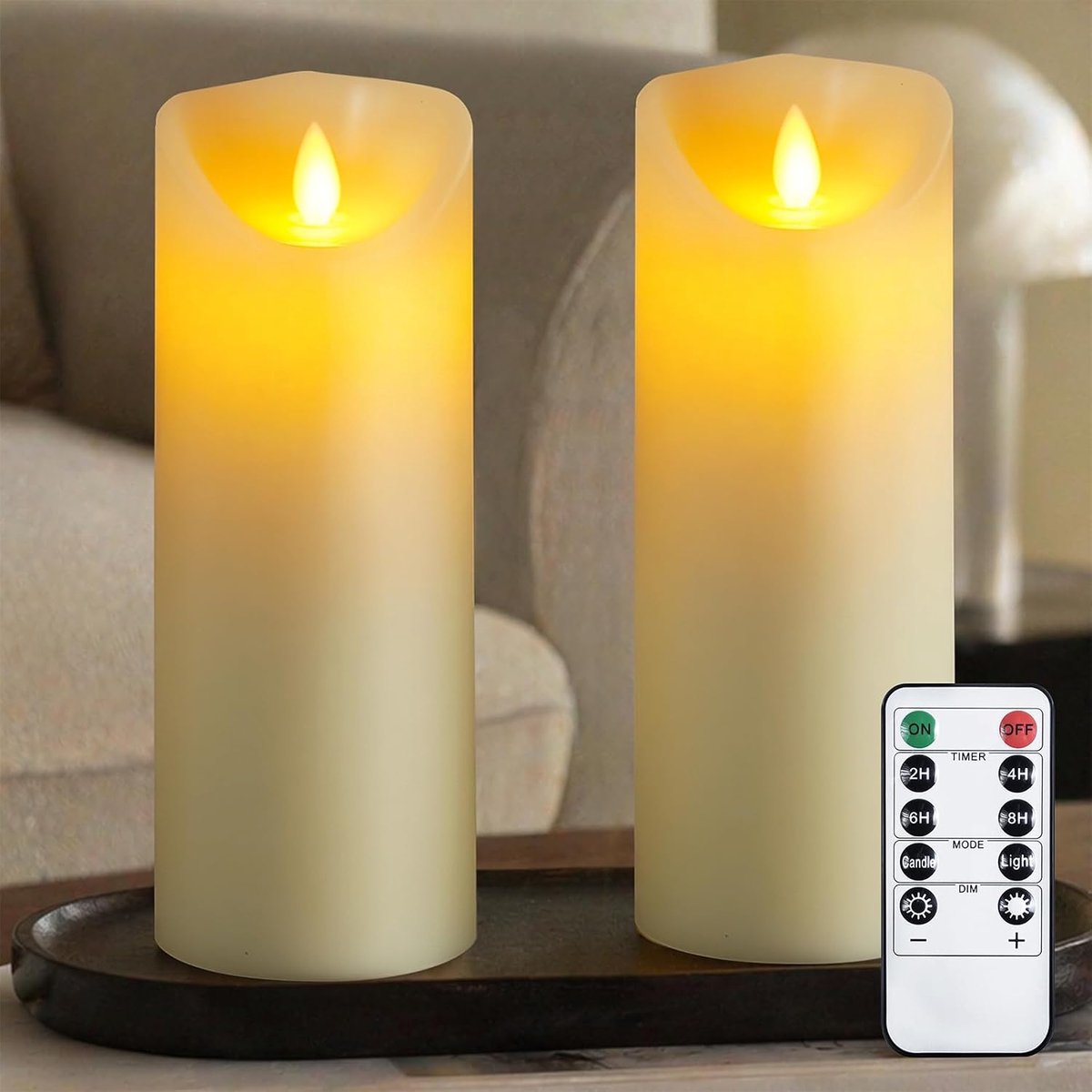 SnelShoppen - Vlamloze LED Kaarsen met Afstandsbediening en Timer, 20cm x 7,5cm, Echte Was, Flikkerend Licht, Ivoor, Pakket van 2 voor Feesten en Geze