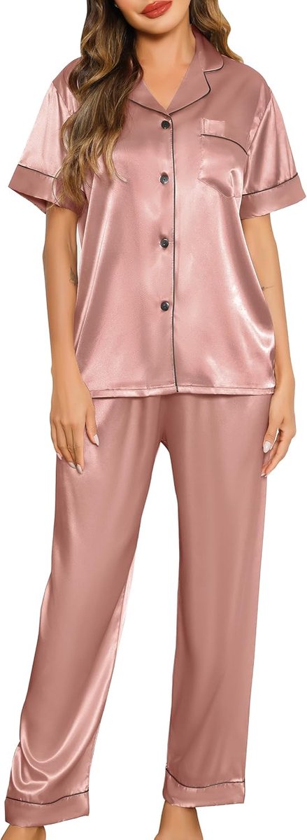 Korte damespyjama voor de zomer, satijn, korte mouwen, 2-delig, superzacht, zijden pyjama met knopen, S-XXL