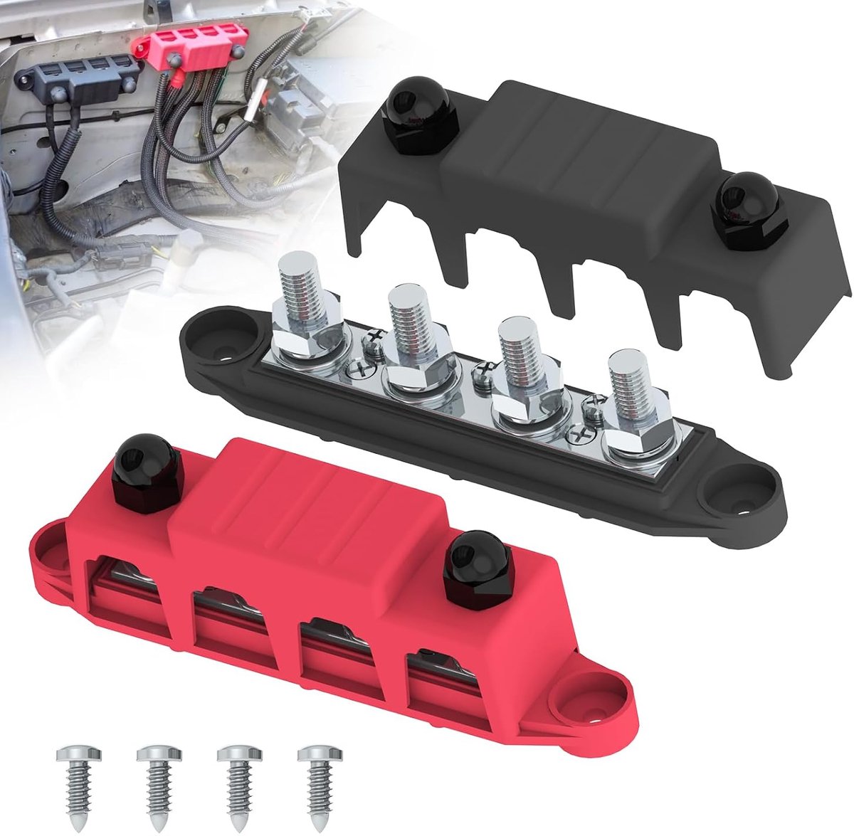 Bar 250A 12V stroomverdelingsblok met 3/8" (M10) 4-polig terminalblok met afdekking voor automotive, marine, batterijsysteem (Zwart & Rood)
