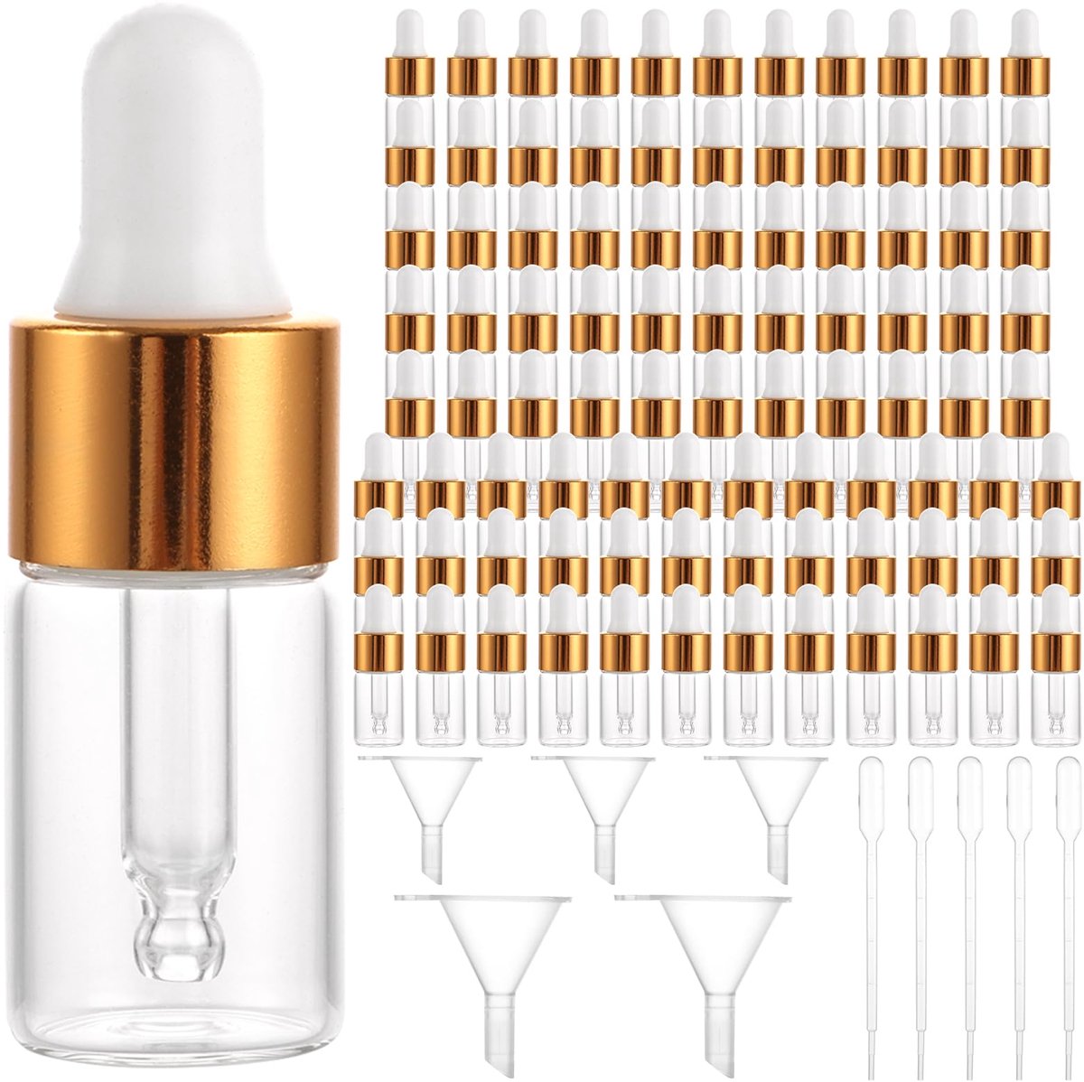 Omgoods - 100 Stuks Glazen Pipetflesje 3 ml met Gouden Dop en Trechters