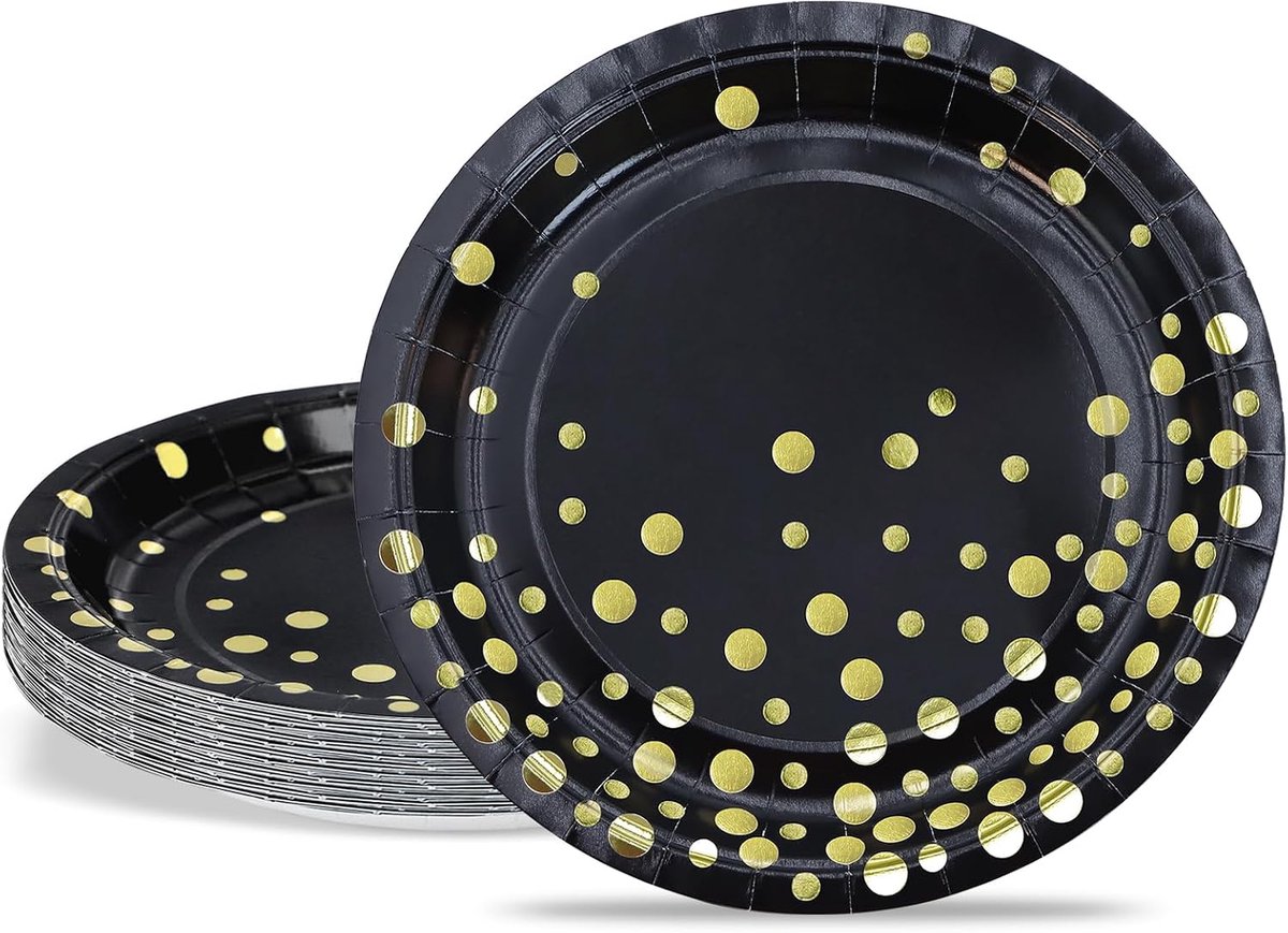 borden, partyborden, goudfolie, bordenset, 18 cm, partyserviesset, zwart met gouden gestippeld, 24 stuks papieren borden voor afstuderen, jubileum, Valentijnsdag, housewarming, doop