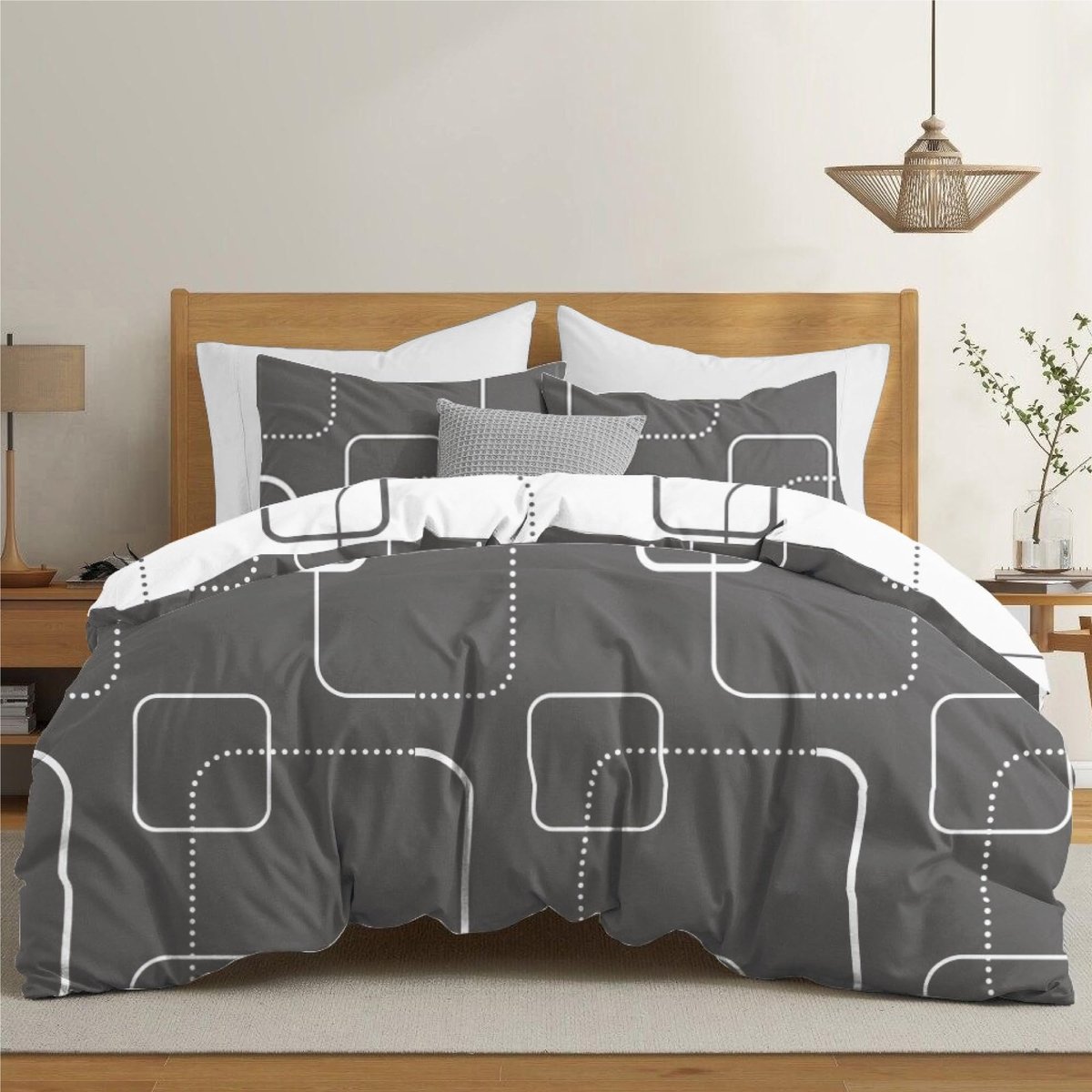Omgoods - Grijs Witte Duvet Cover Set 220 x 240 cm met 2 Kussenslopen