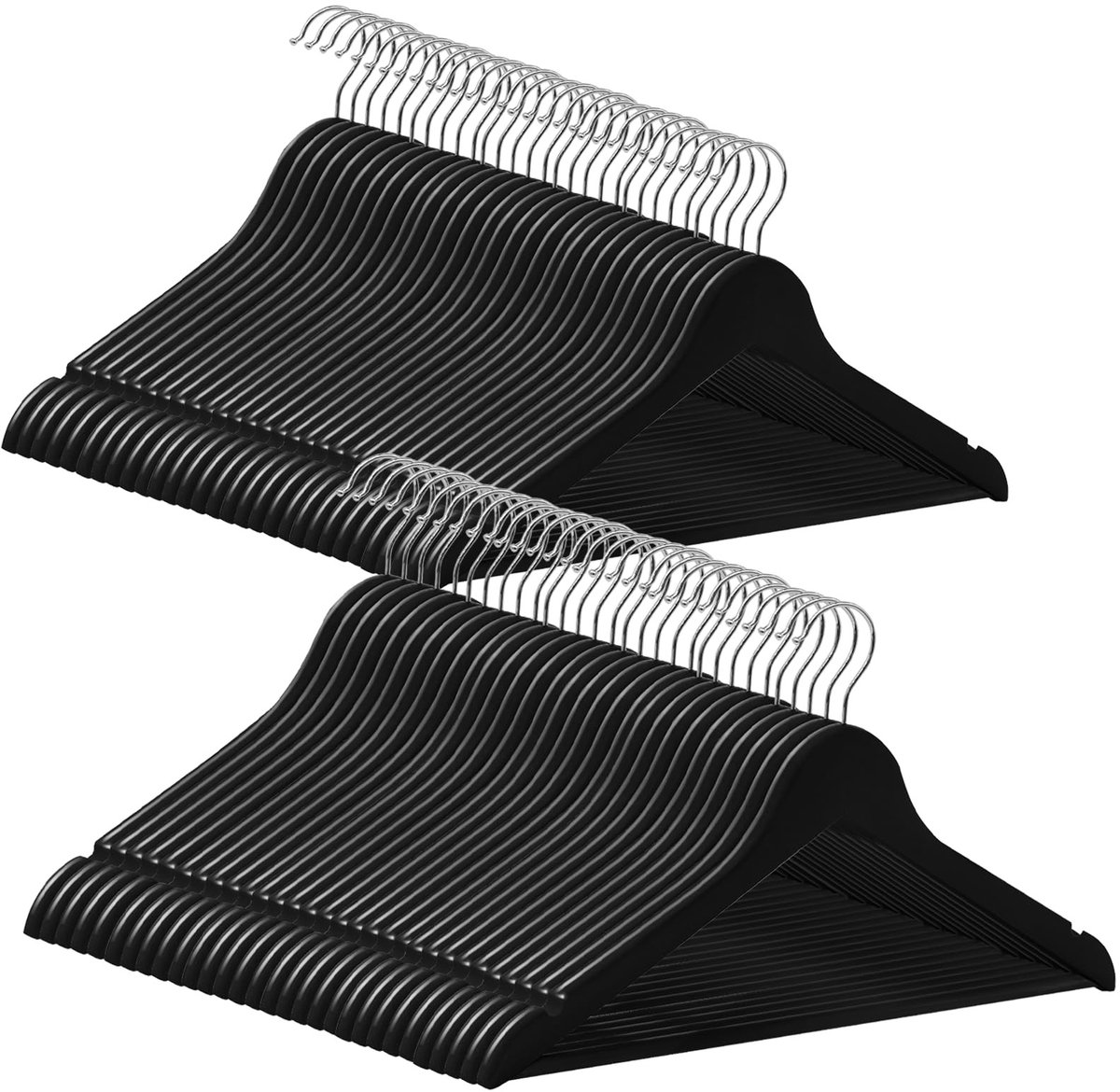 Omgoods - Houten Kledinghangers, Set van 60 met Antislip Trouser Bar en 360° Draaibare Haak, Zwart + Zilver