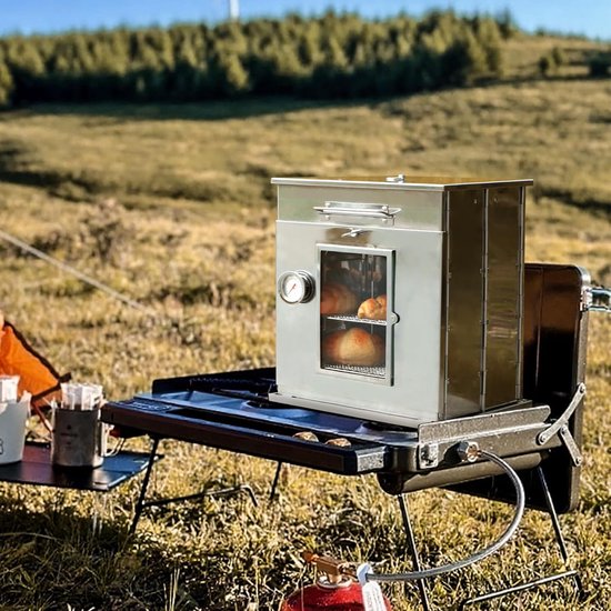 Opvouwbare campingoven, 2-traps grill, roestvrij staal, draagbaar - Campingfornuis, compact, duurzaam, campingkoker voor rugzaktochten, wandelen, picknick, reizen, strand, tuin, koken, grillen — afbeelding 5