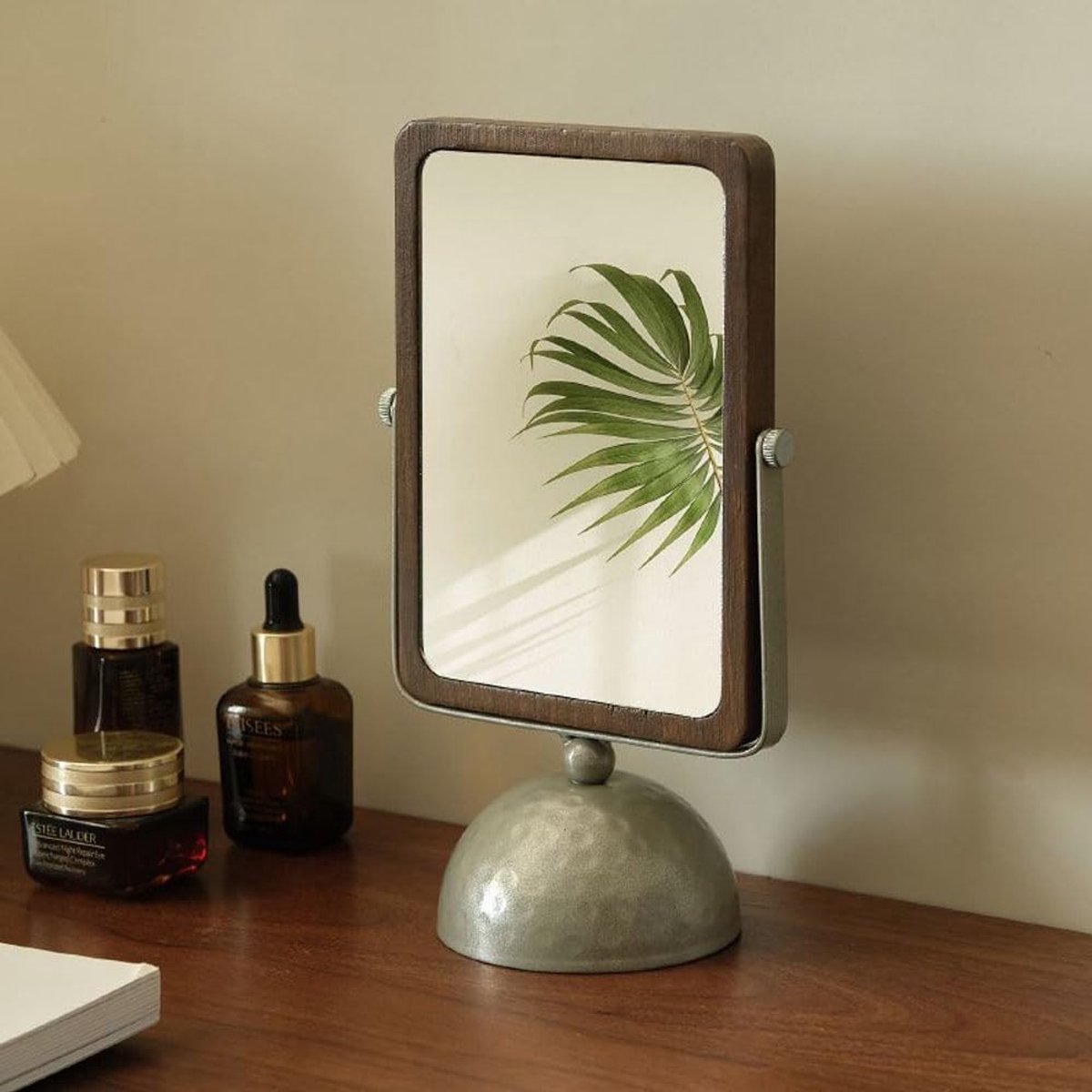 Omgoods - Houten Tafel Spiegel met Stand - Retro Makeup Spiegel in Ovalen Vorm