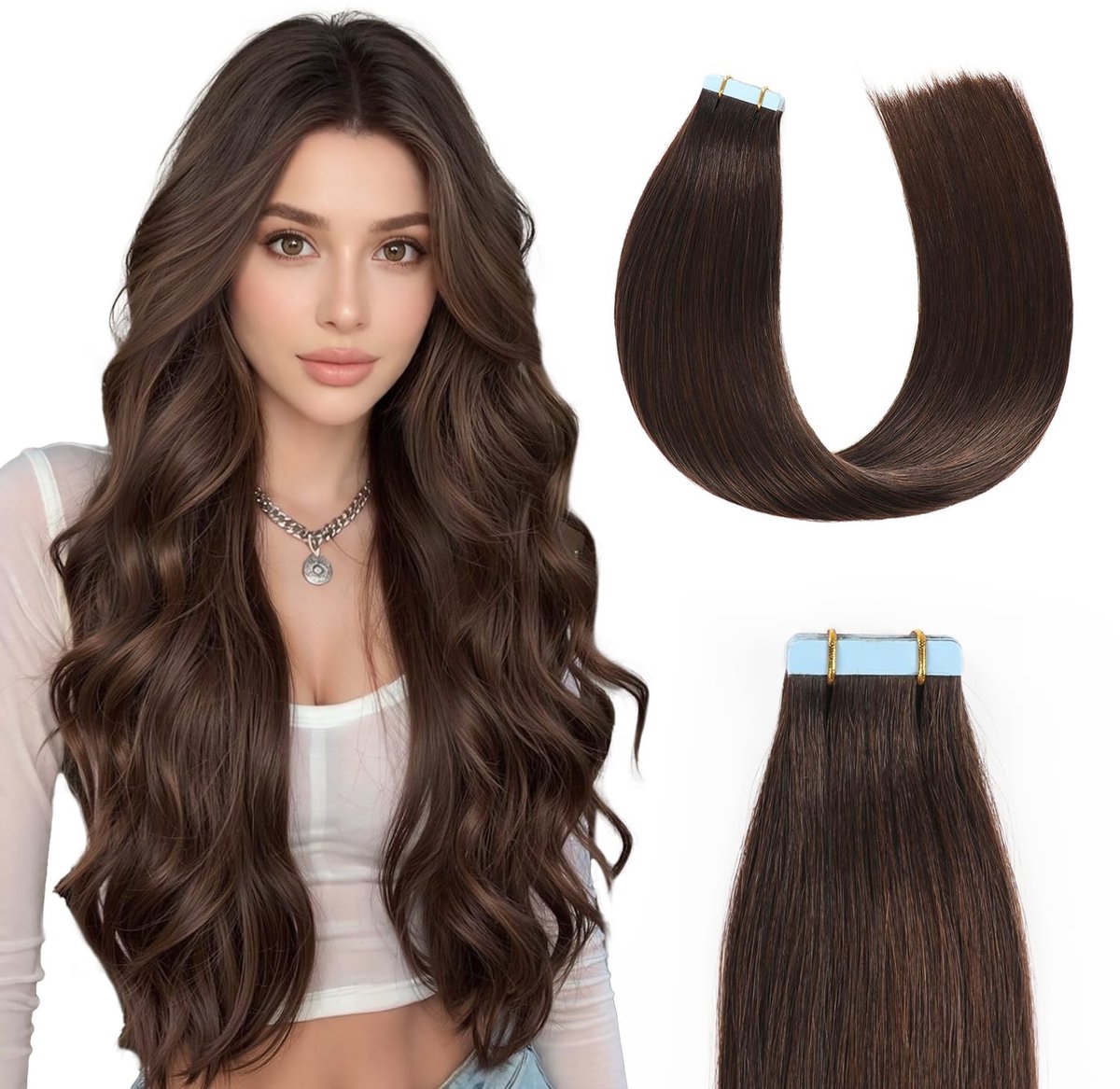 Omgoods - Sunya Tape-in Extensions - Echt Haar, Donkerbruin, 40 cm, 20 Stuks voor Volumineus Haar
