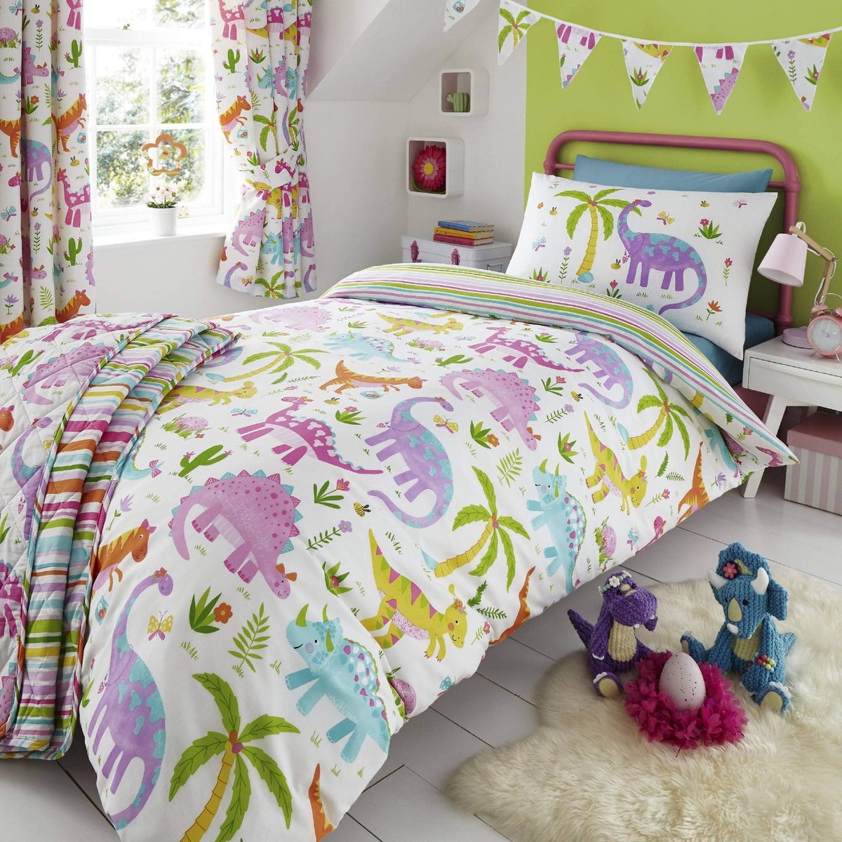 Omgoods - Omkeerbare Kinderbedsprei met Dinosaurusprint - Roze T-Rex Design
