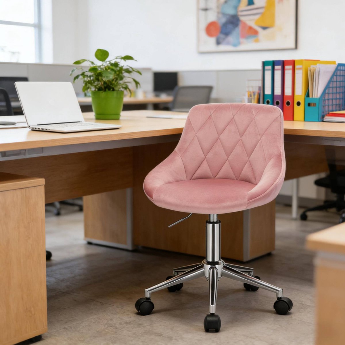 COVREO Bureaustoel 54 cm roze, velvet met wielen draaibaar zonder armleuningen