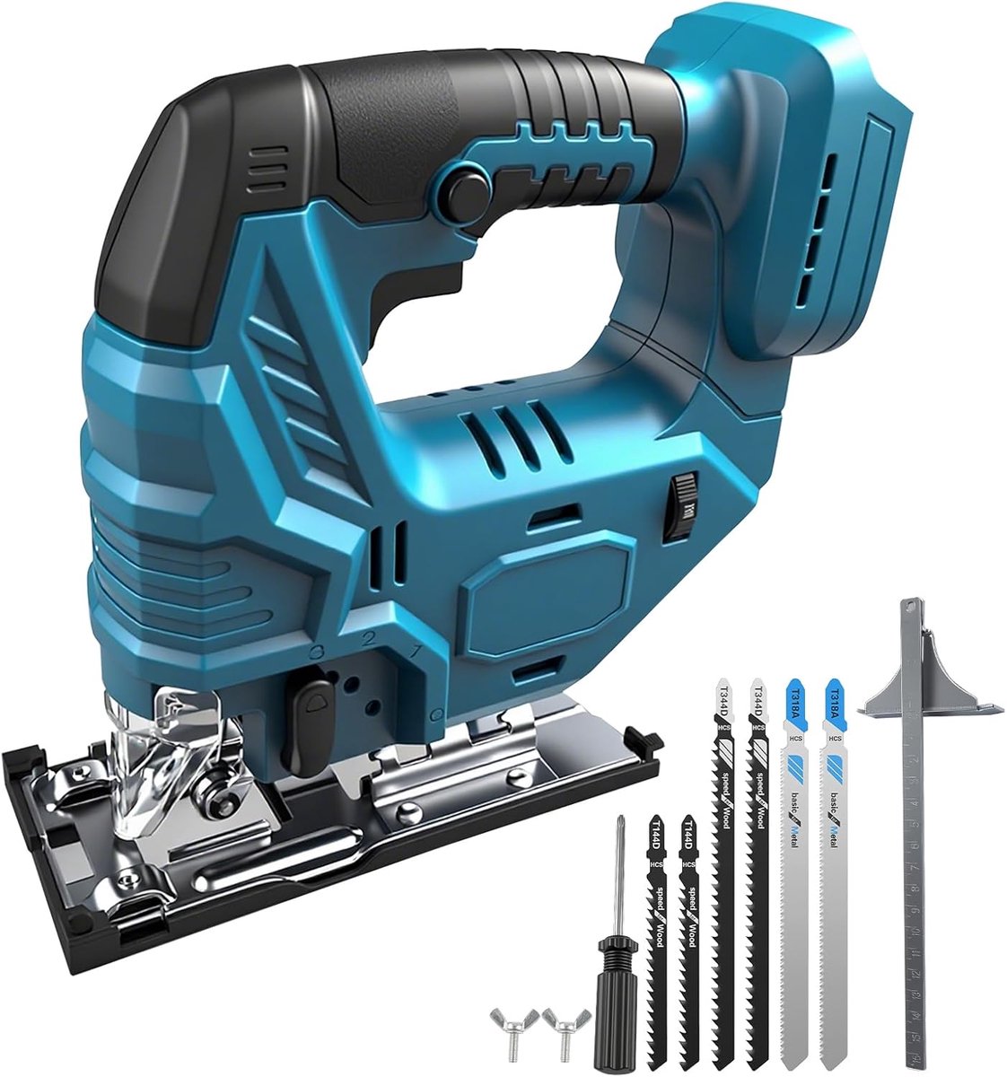 Accu-decoupeerzaag voor Makita 18 V, 800 W, borstelloze elektrische excentrische decoupeerzaag met ledlicht, 5 variabele snelheden, verstekzaaghoek ± 45°, 6 T-zaagbladen