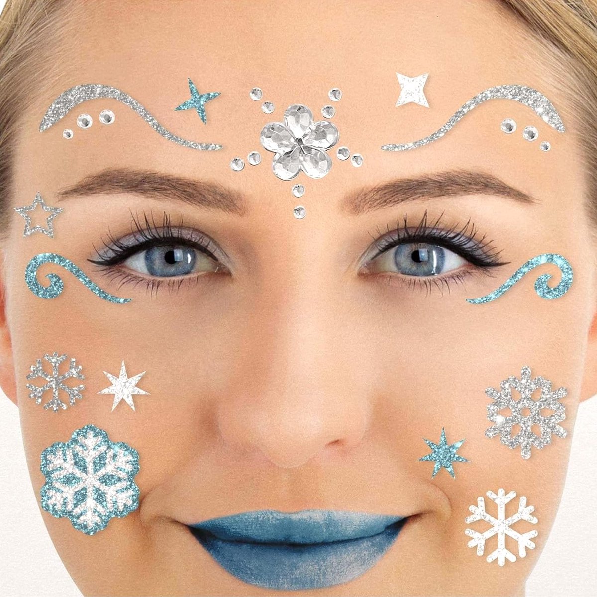 Factory Gezichtstoestel, ijskoningin, tijdelijke glitter gezichtstattoo voor themafeest, Halloween en carnaval, kinderen en volwassenen
