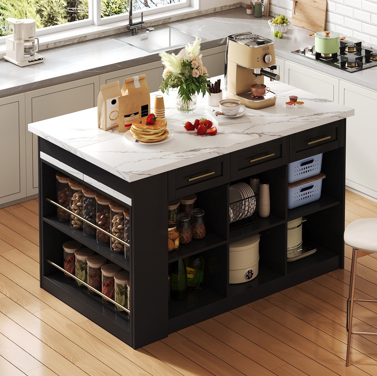 MIVRAY Keukenkast - Keuken Eiland Met Uittrekbare Eettafel En Opbergruimte - Zwart Wit Marmerlook - MDF - 150 X 90 X 90 Cm