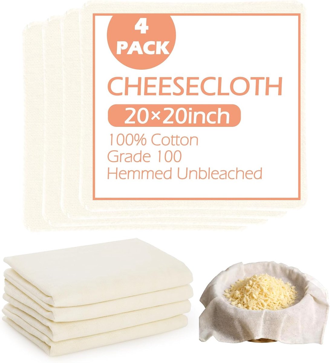 4 stuks passeerdoeken, 50 x 50 cm, kaasdoek, fijn geweven, dichtheidsgraad 100, ongebleekt, puur katoen, multifunctionele kaasdoek van Tofu, kaas, vruchtensappen, draining